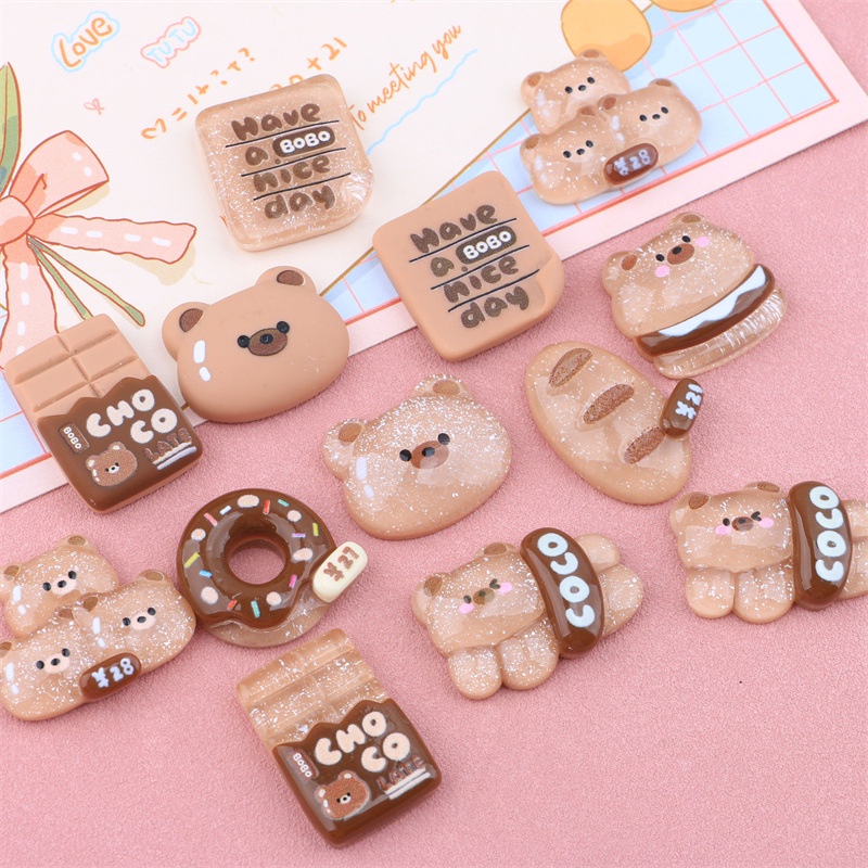 Set 10 Kẹp Tóc Bằng Resin Trong Suốt Màu Cà Phê / Gấu / Bánh Donut DIY