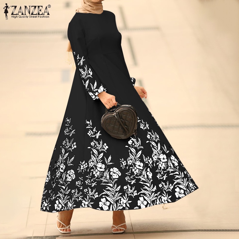 Đầm ZANZEA dáng dài tay dài in họa tiết hoa phong cách vintage hồi giáo dành cho nữ