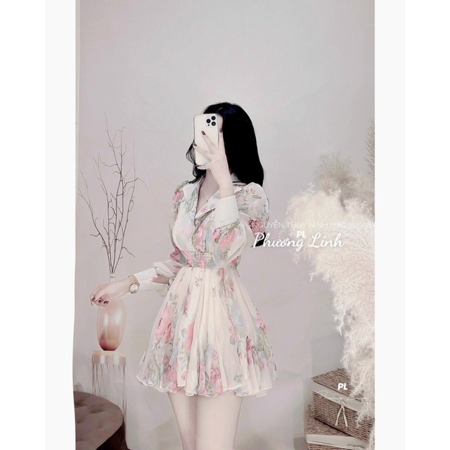 Váy tơ hoa cổ bẻ