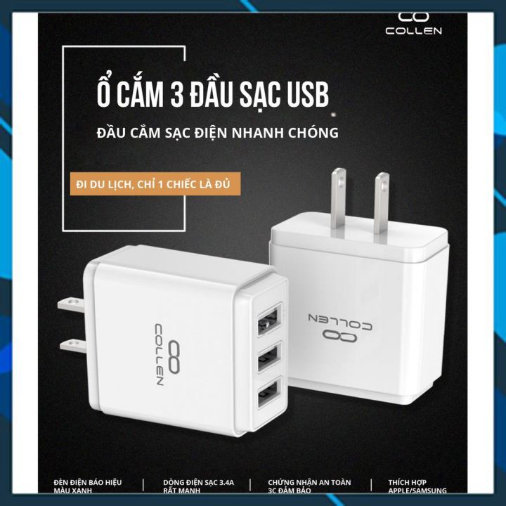 [SẠC NHANH] Côc Sạc Nhanh 3.4A 3 Cổng 3 Chân Cắm USB Collen Đa Năng Cho Điện Thoại iphone, samsung, xiaomi, huawei, oppo