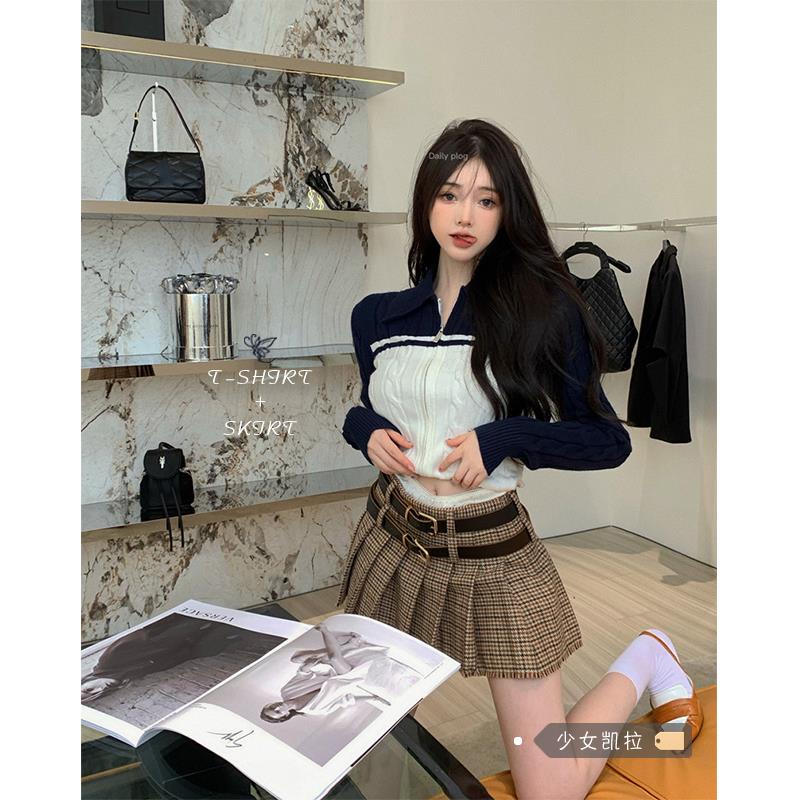 Bộ Áo Khoác Dệt Kim + Chân Váy Xếp Ly Sọc Ca Rô Thời Trang Xinh Xắn Cho Nữ