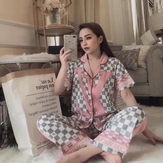 BỘ NGỦ LỤA SATIN PHA HỒNG KẺ HÀNG THIẾT KẾ