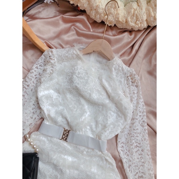 Đầm body ren kèm belt, váy body ren tay dài cao cấp | BigBuy360 - bigbuy360.vn