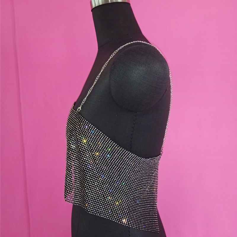 Áo Croptop Sát Nách Hở Lưng Đính Đá Lấp Lánh Màu Vàng / Bạc Quyến Rũ