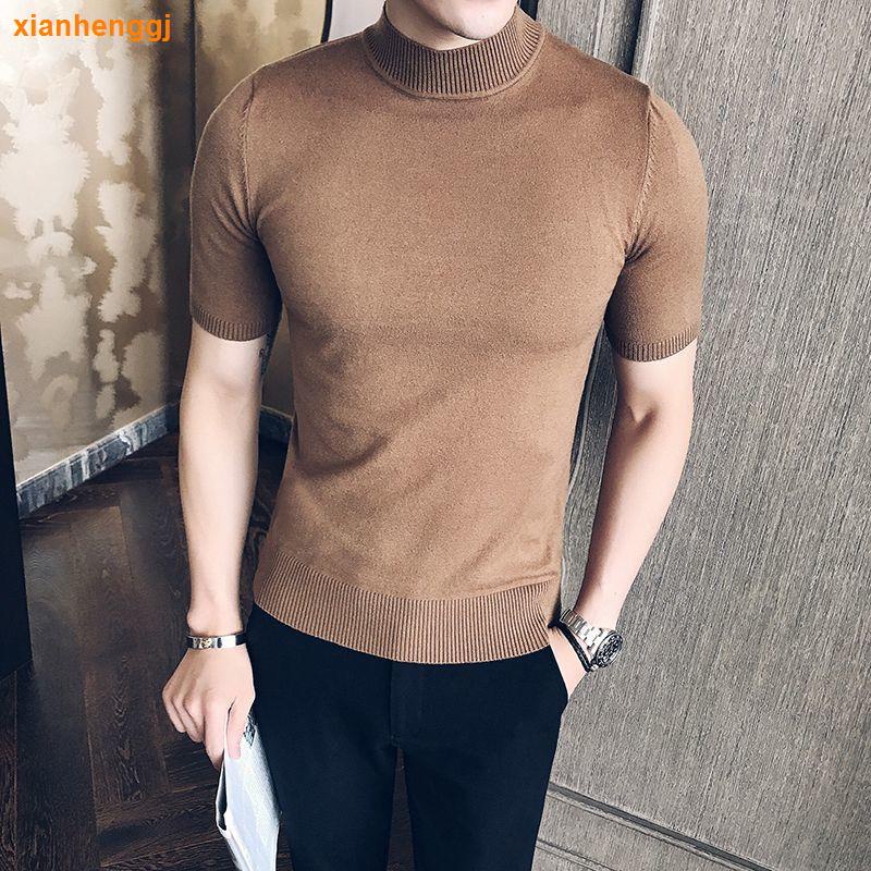 Áo Thun Dệt Kim Cổ Lọ Tay Ngắn Dáng Ôm Thời Trang Xuân Thu Phong Cách Hàn Quốc Cho Nam