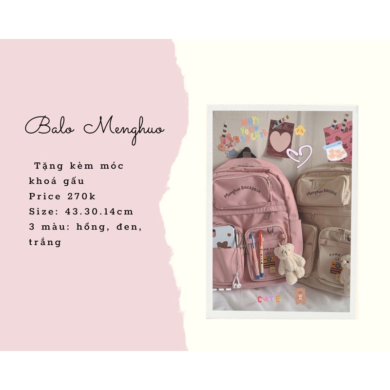 Balo Menghuo KÈM MÓC KHOÁ GẤU