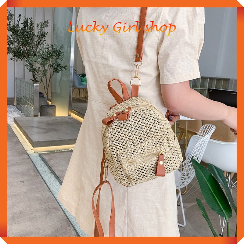 Ba Lô Cói Quai Da PU Khóa Kim Loại Chắc Chắn Size 18*18*12cm - Lucky Girl shop
