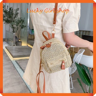 [SIÊU DỄ THƯƠNG] Ba Lô Cói Quai Da PU Khóa Kim Loại Chắc Chắn Size 18*18*12cm - Lucky Girl shop
