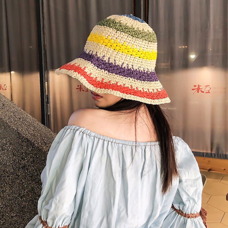 Nón Cối Rộng Vành Họa Tiết Kẻ Sọc Màu Sắc Cầu Vồng Thời Trang Mùa Hè Cho Nữ