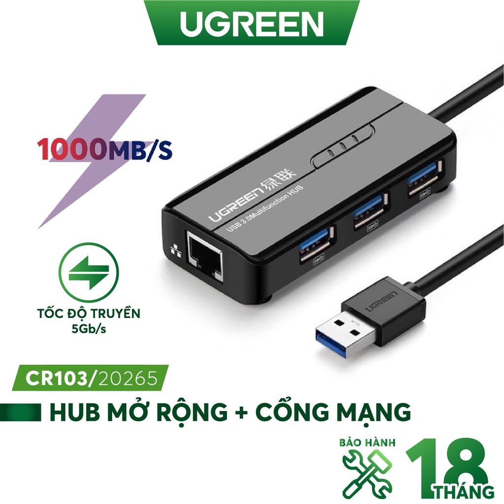 HUB USB 3 cổng 3.0 kèm cổng mạng LAN 10/100/1000 Mbps UGREEN CR103 20265 - Hàng phân phối chính hãng - Bảo hành 18 tháng