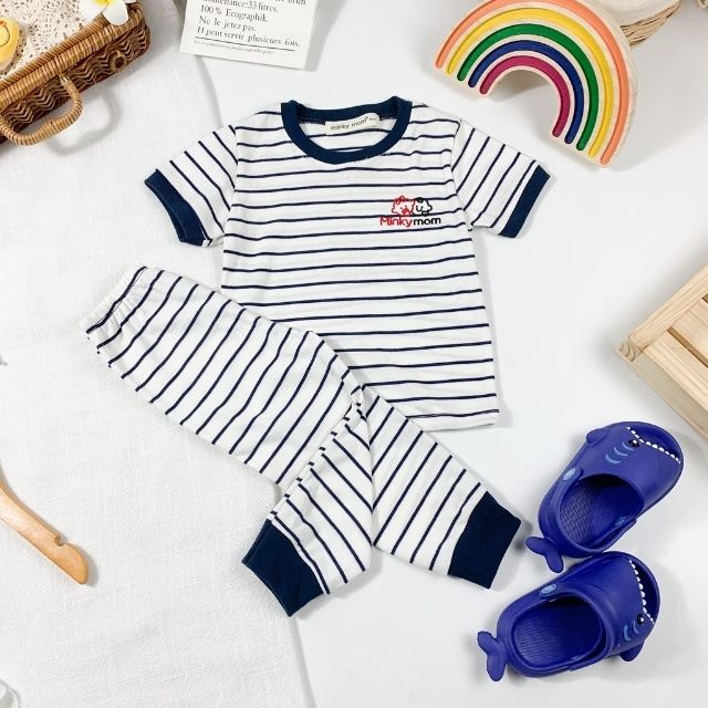 Đồ Bộ Cho Bé Trai Bé Gái Vải Cotton Hàn Minky Mom Tay Ngắn Quần Dài Sọc Kẻ Ngang Dễ Thương-Quần Áo Trẻ Em BABULALA-TN02