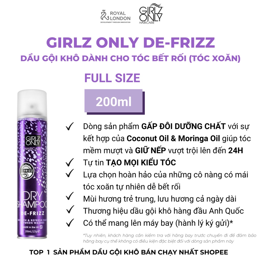 Dầu Gội Khô Giúp Tóc Sạch Gàu Và Bồng Bềnh Girlz Only For De-Frizz 200ml (Tím)