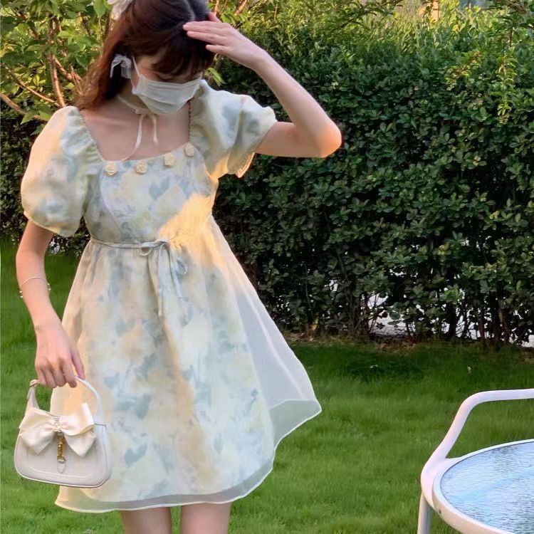 Đầm Perty tay phồng in họa tiết hoa phong cách Hàn Quốc xinh xắn cho nữ