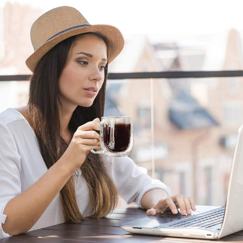 Cốc cà phê thủy tinh đôi vách Bộ tách trà 2 , cách nhiệt và không ngưng tụ với tay cầm rộng (300ML)