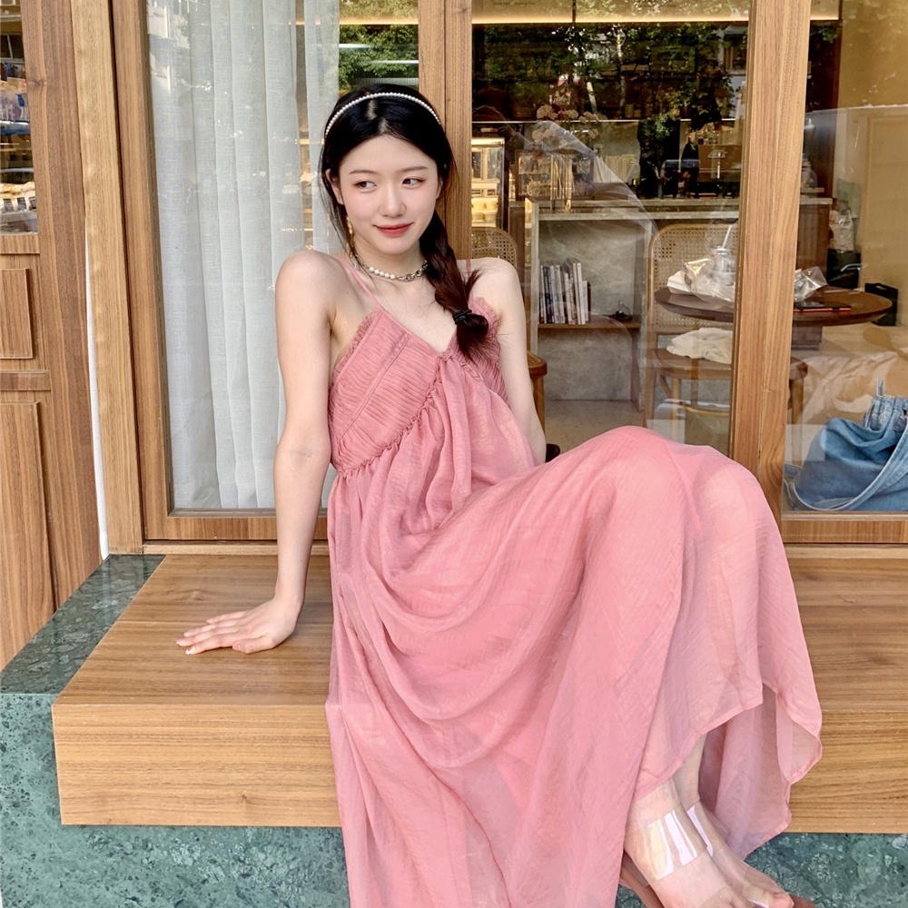 (ORDER) Váy hai dây màu hồng voan mỏng xòe dài điệu đà ngọt ngào tiểu thư kiểu Pháp