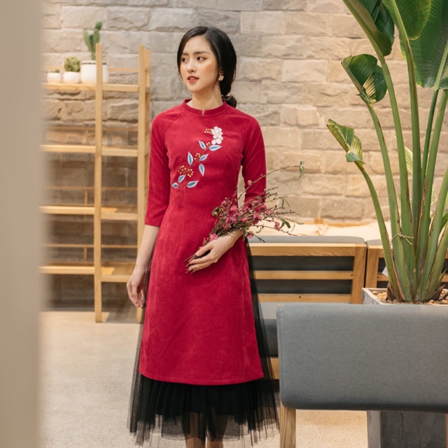 Áo dài cách tân thêu hoa Tiin store size M