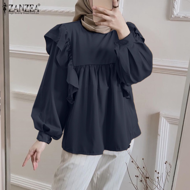 Áo kiểu Zanzea tay dài phồng cổ tròn phối viền nhún bèo thời trang cho nữ