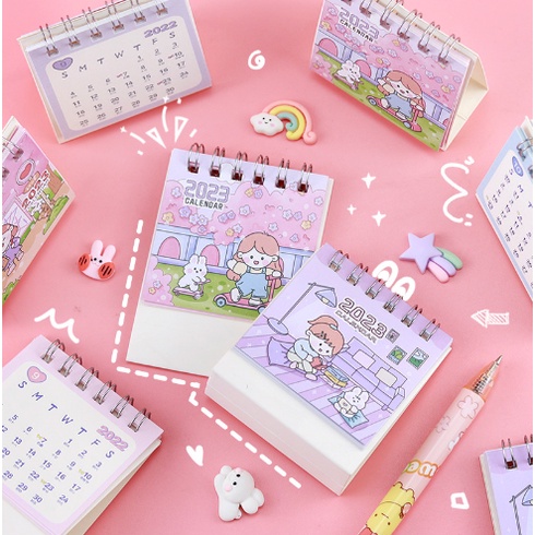 Lịch để bàn mini mèo hoa anh đào động vật cô gái L7