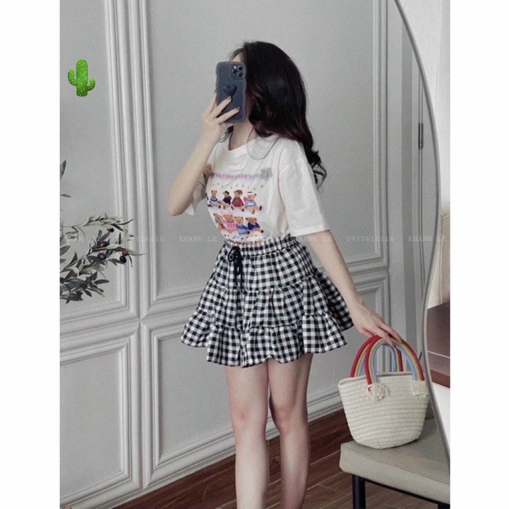 Set áo thun nữ form rộng thêu hình gấu kèm chân váy chữ A ngắn