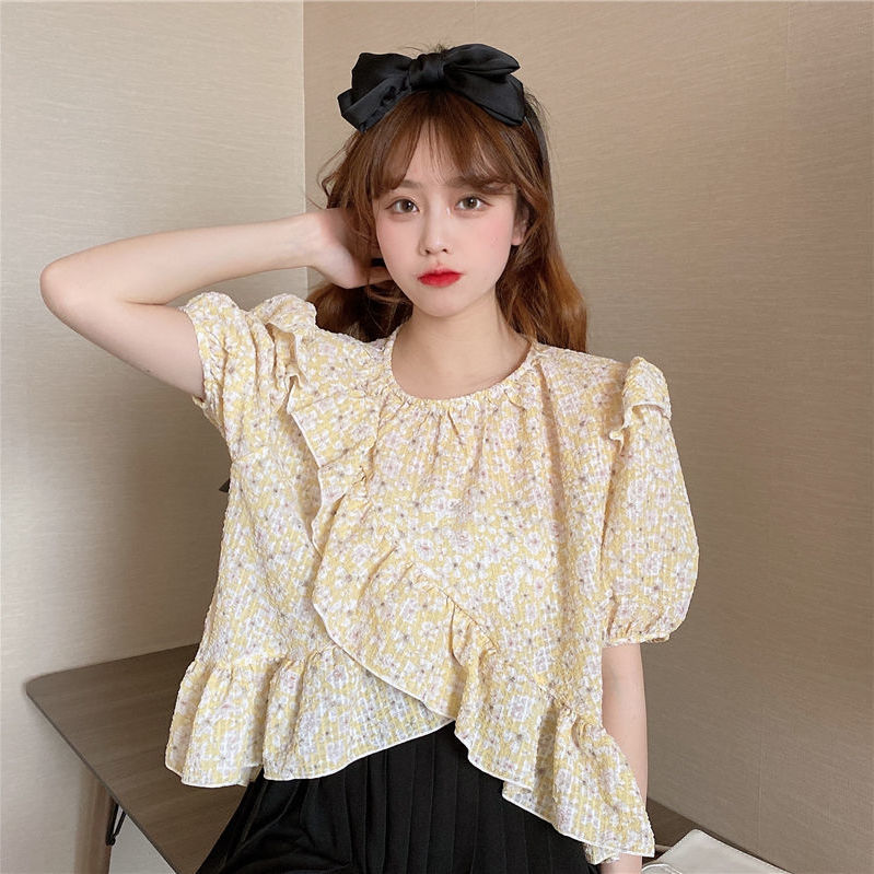 Áo Thun Nữ Tay Ngắn Cổ Tròn In Hoa Phong Cách Hàn Quốc 2021