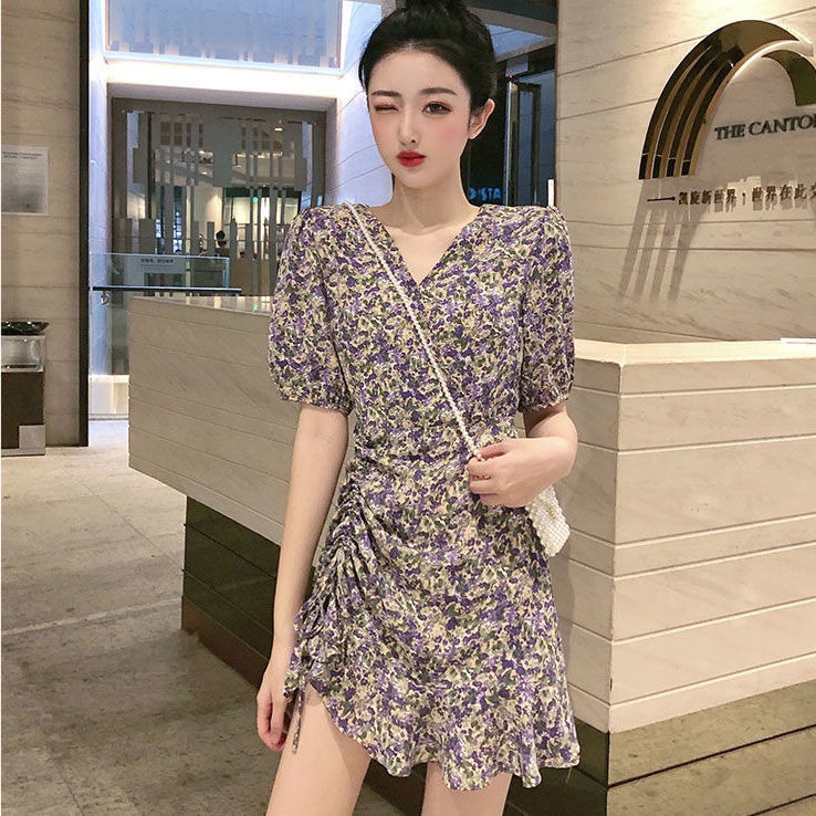 Đầm Cổ Chữ V Họa Tiết Hoa Ngọt Ngào Thời Trang Mùa Hè Theo Phong Cách Hàn Quốc Cho Nữ