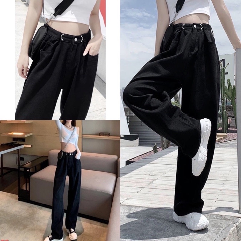 Quần jeans suông cotton cạp cao kèm khuy cài eo phom rộng dễ mặc