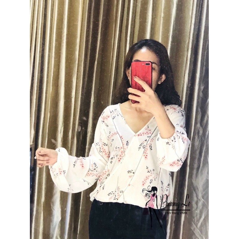 Áo Sơ Mi Kiểu Cổ Tim Hoạ Tiết hoa Văn Tay Phồng Thời Trang