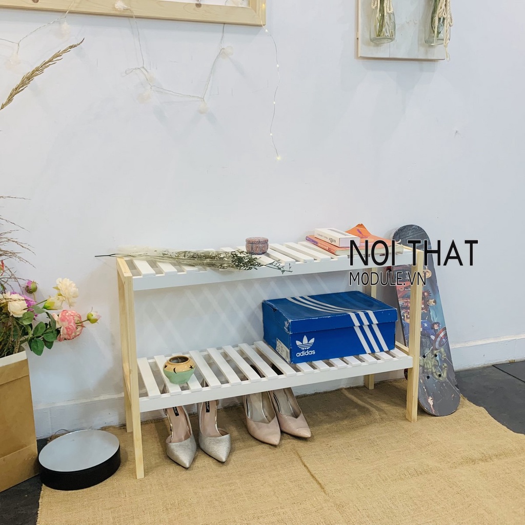 Kệ gỗ 2 tầng trang trí decor phòng, Giá gỗ 2 tầng mầu trắng phong cách hàn quốc