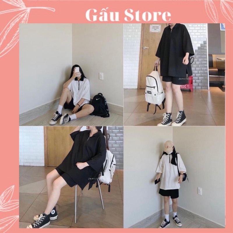 🔥Set áo polo khoá và quần short đen dưới 70kg GấuStore - Set bộ kéo khóa