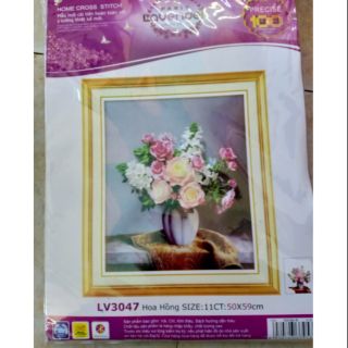Tranh thêu chữ thập Bình hoa tuyệt đẹp kt 50_47cm(hình thật)