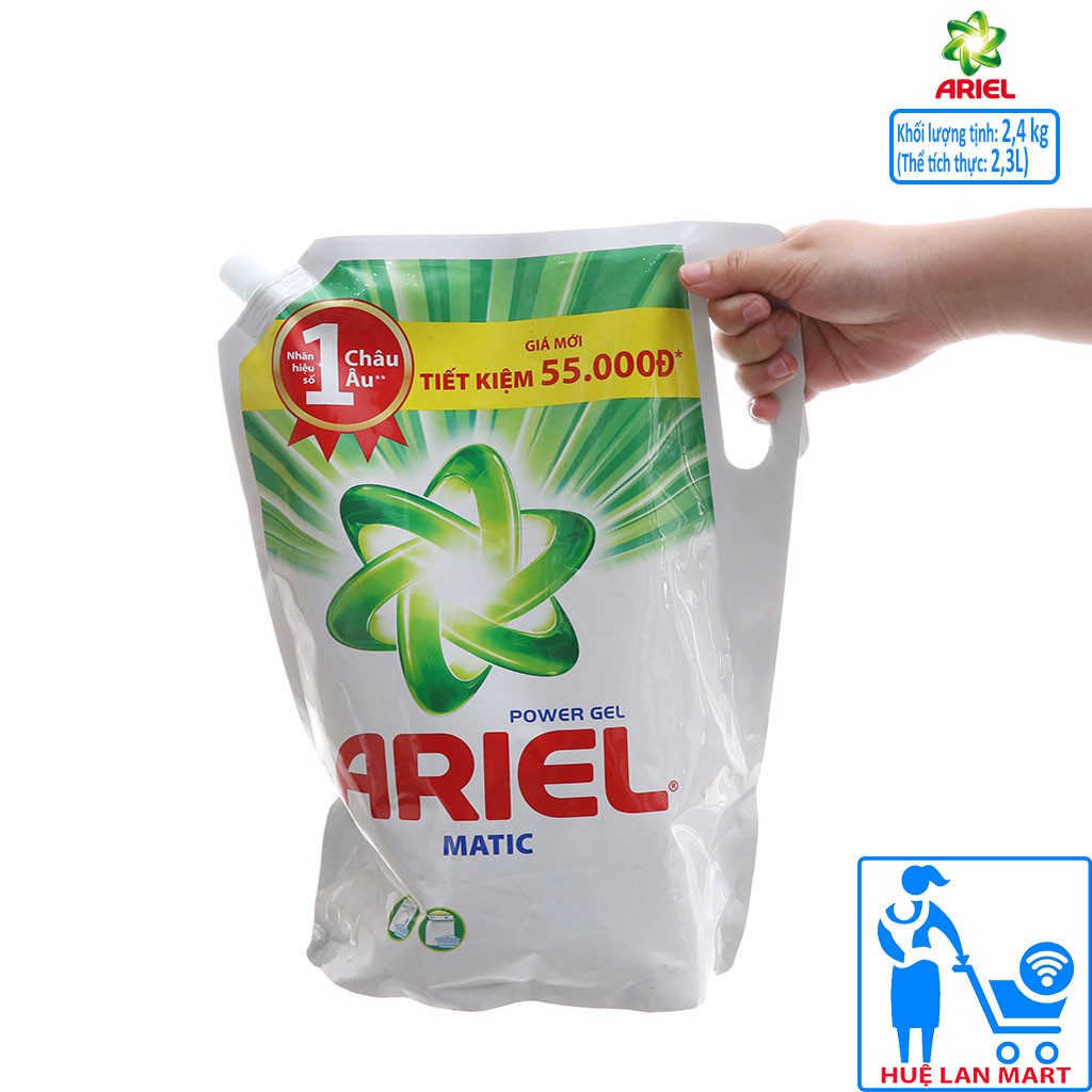 Nước Giặt Ariel Power Gel Matic Dạng Túi 2,4kg (Tẩy sạch vết bẩn tốt hơn gấp 2 lần)
