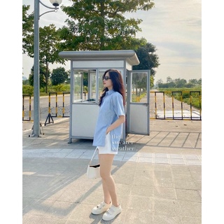 [Ảnh Thật] Sơ Mi xẻ lai xanh + Short trắng