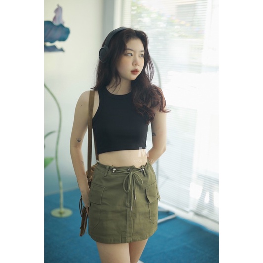 Áo Tank Top / Balo Nữ Croptop Kiểu Ôm Cotton Gân Co Dãn Màu Xanh Lá Đen Minipie