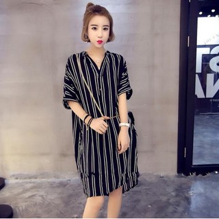 Đầm Sơ Mi Ngắn Tay Họa Tiết Sọc Ngang Thời Trang Dành Cho Nữ