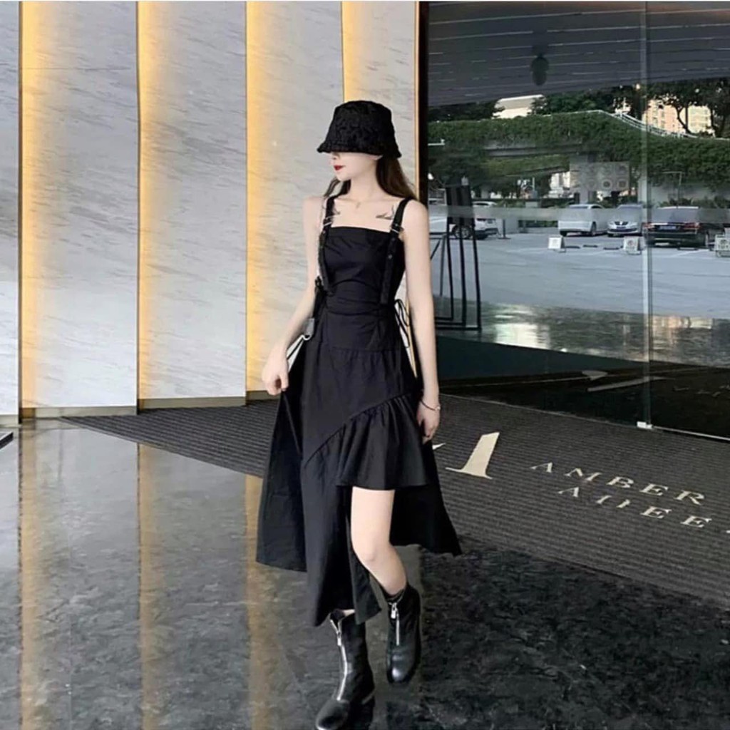 Váy hai dây tầng cực tôn dáng - Váy hai dây bản to đen Bape lệch tầng bèo có dây rút bụng chỉnh eo freesize | BigBuy360 - bigbuy360.vn