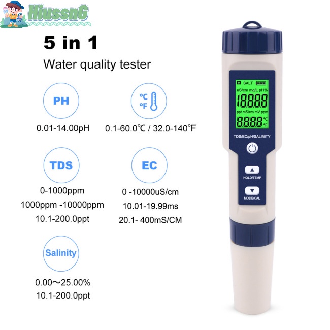 Thiết Bị Kiểm Tra Chất Lượng Nước 5 Trong 1 Tds / ec / ph / salinity / Đo Nhiệt Độ Bể bơi