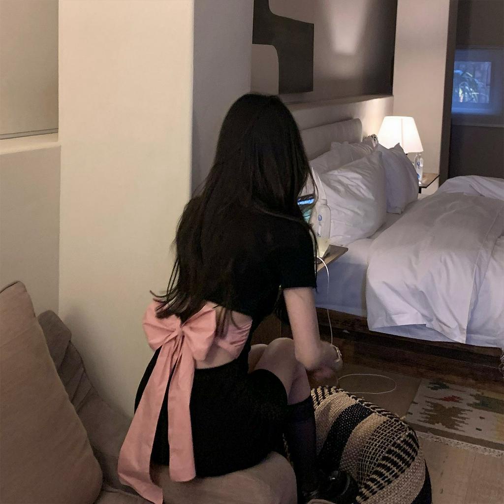 Đầm Ngắn Tay Phồng Thắt Nơ Eo Màu Sắc Retro Pháp Thời Trang Mùa Hè Dành Cho Nữ