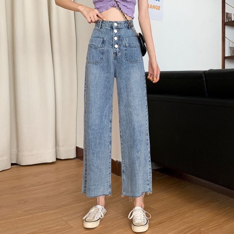 Quần Jean Nữ Màu Xanh Cạp Cao Ống Suông, Quần Bò Ống Đứng Cài Cúc Có Túi Chất Denim Jean Loại 1 Hàng Quảng Châu