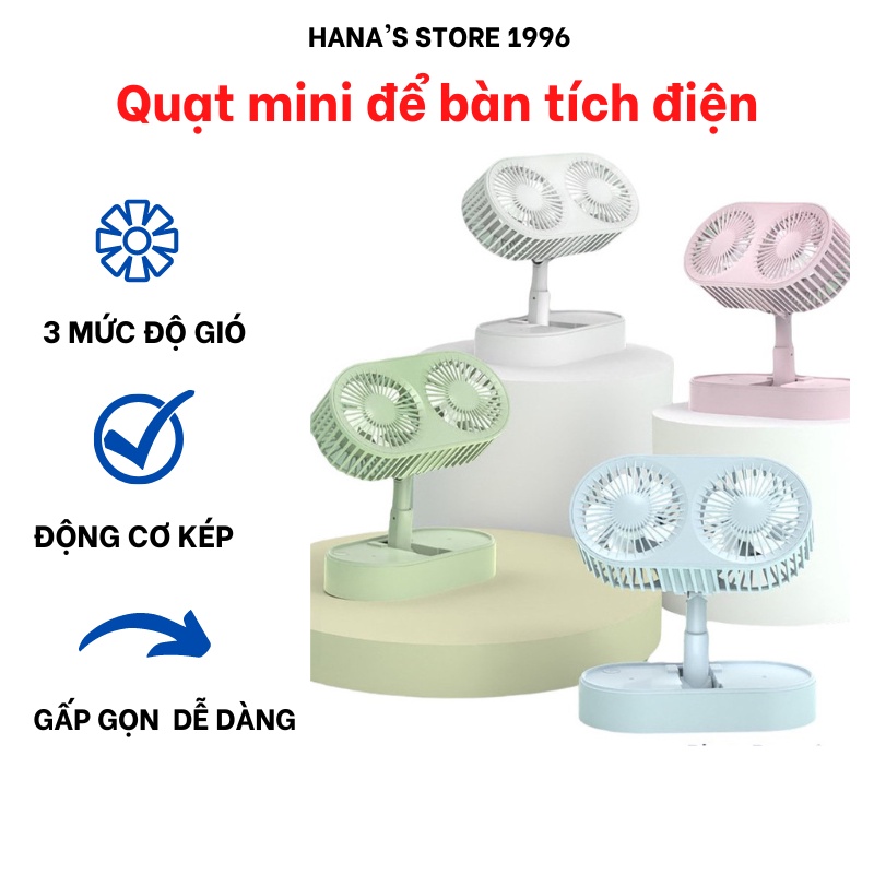 Quạt mini để bàn tích điện, quạt sạc mini 3 chế độ gió có thể gấp gọn tiện lợi