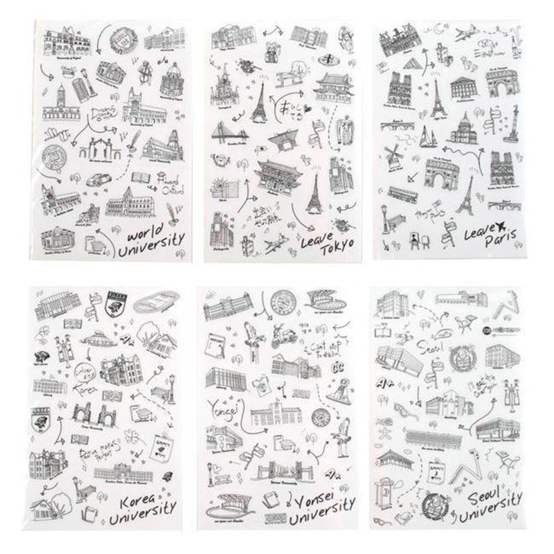 Bộ 6 tờ sicker hình toà nhà dùng trang trí