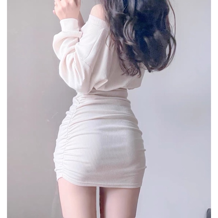 Đầm Ngắn Tay Dài Ôm Body Trễ Vai