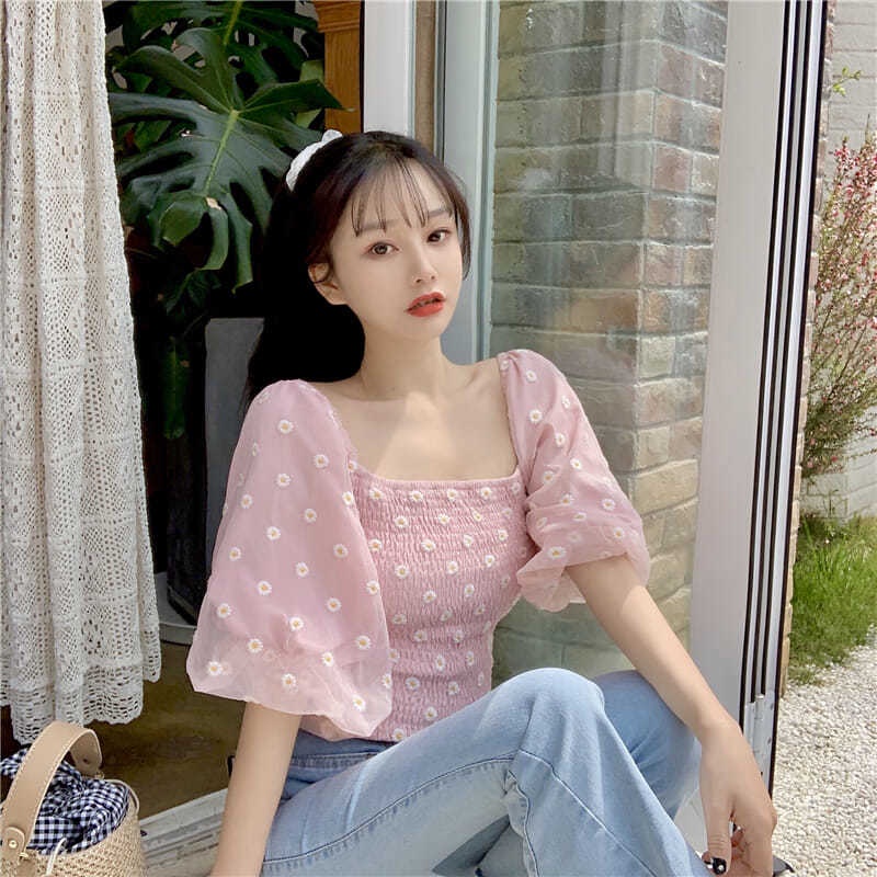 Áo sơ mi voan IELGY tay phồng ngắn in họa tiết hoa cúc thời trang cho nữ