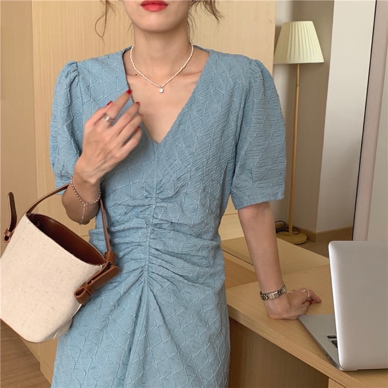 Đầm Suông Cổ V Tay Phồng Váy Suông Dáng Dài Rút Eo Thời Trang Thanh Lịch Phong Cách Pháp