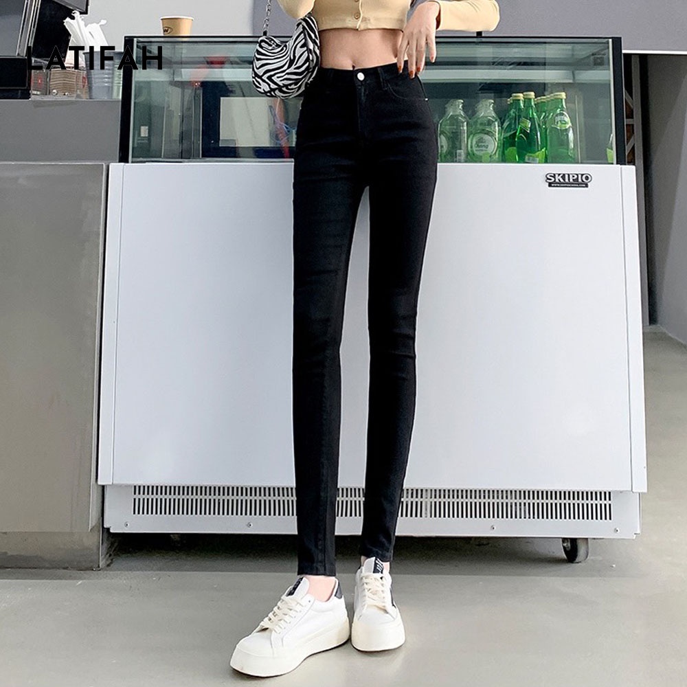 Quần dài jeans nữ co giãn LATIFAH cạp thường trơn màu đen cá tính QD023 phong cách hàn quốc
