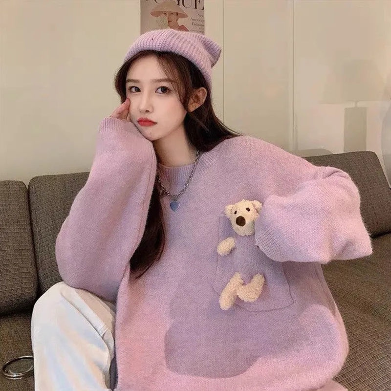 Áo sweater dày dặn chui đầu kiểu dáng rộng trang trí búp bê gấu phong cách nước ngoài cho nữ