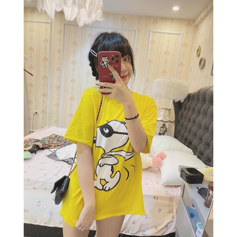 Áo thun nữ from rộng cotton in hình Snoppy màu vàng trend 2021