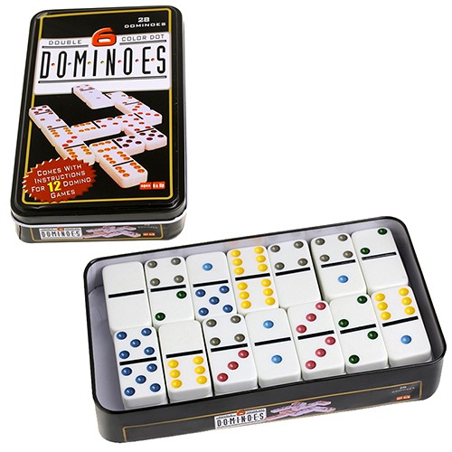 CÓ SẴN] Bộ cờ Domino 28 quân, 6 chấm màu đựng trong hộp thiếc
