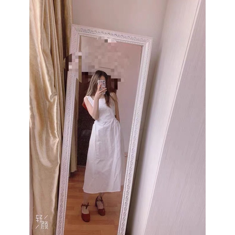 (ảnh thật)(sẵn trắng S) Váy 2 dây bản to hở eo dáng xoè viền chỉ có túi ulzzang năng động diện hè đi chơi đi dạo | BigBuy360 - bigbuy360.vn