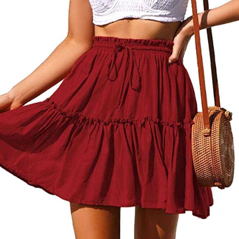 Pleated Mini Skirt Women High Waist Elastic Ruffle Summer Beach Boho