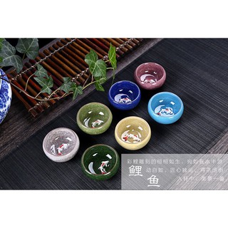 Bộ ấm chén uống trà in cá 3D tráng men